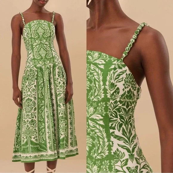 delicate tapestry linen midi dress Green Delicate Tapestry Midi Dress FARM Rio